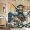 Funny Japanese Cat Shower Curtain Cute Cat Riding Sea Turtle Vintage Sun Blue Ocean Sea Waves Asian Abstract Marine  Bathroom