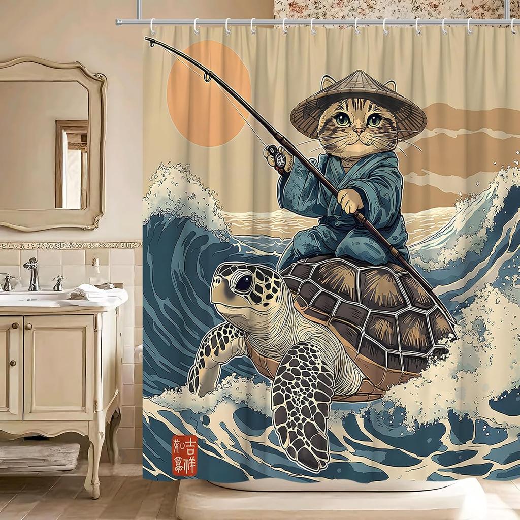Funny Japanese Cat Shower Curtain Cute Cat Riding Sea Turtle Vintage Sun Blue Ocean Sea Waves Asian Abstract Marine  Bathroom