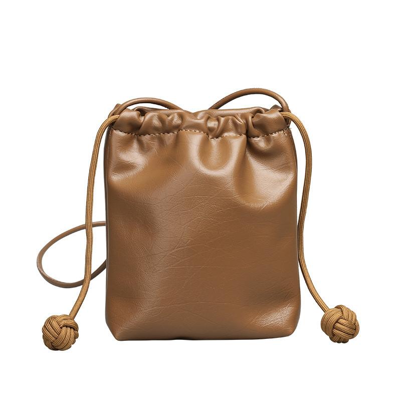 IELGY Korean Version All-Match Mini Drawstring Bucket Bag Retro Texture Soft Leather Shopping Mobile Phone Bag Cute Shoulder Crossbody
