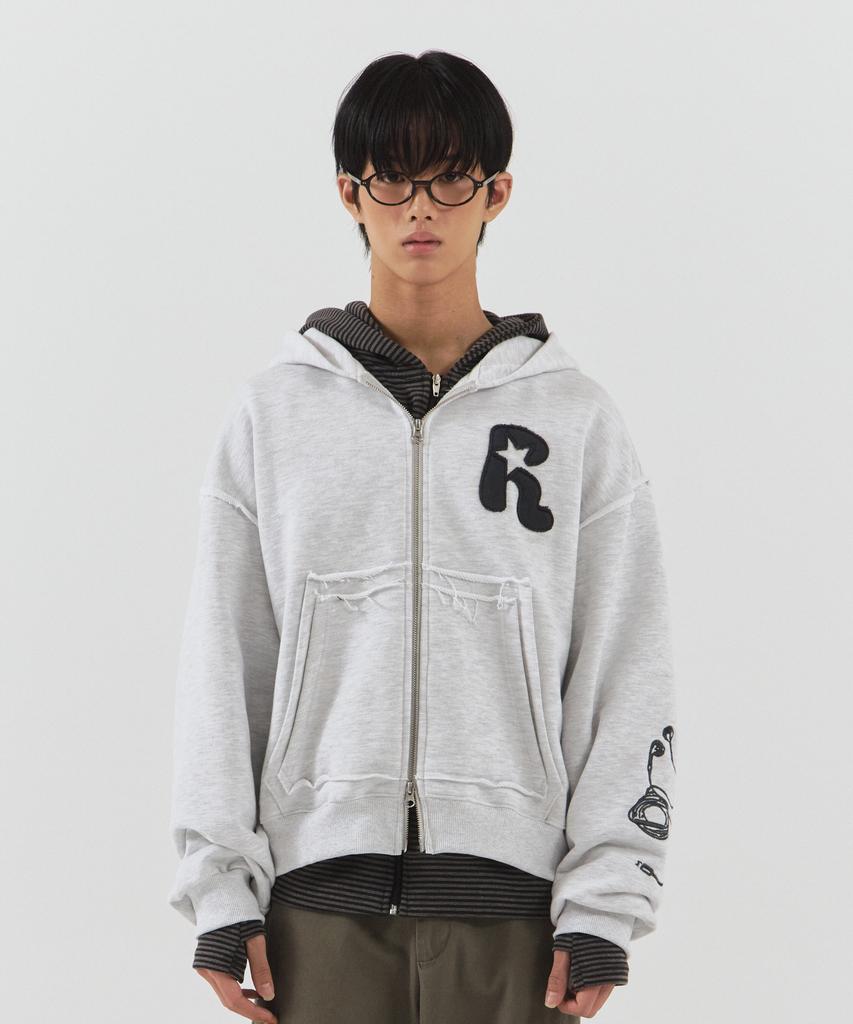 Parakeet Cutoff Applique Zip-Up Hoodie (Melange Gray)