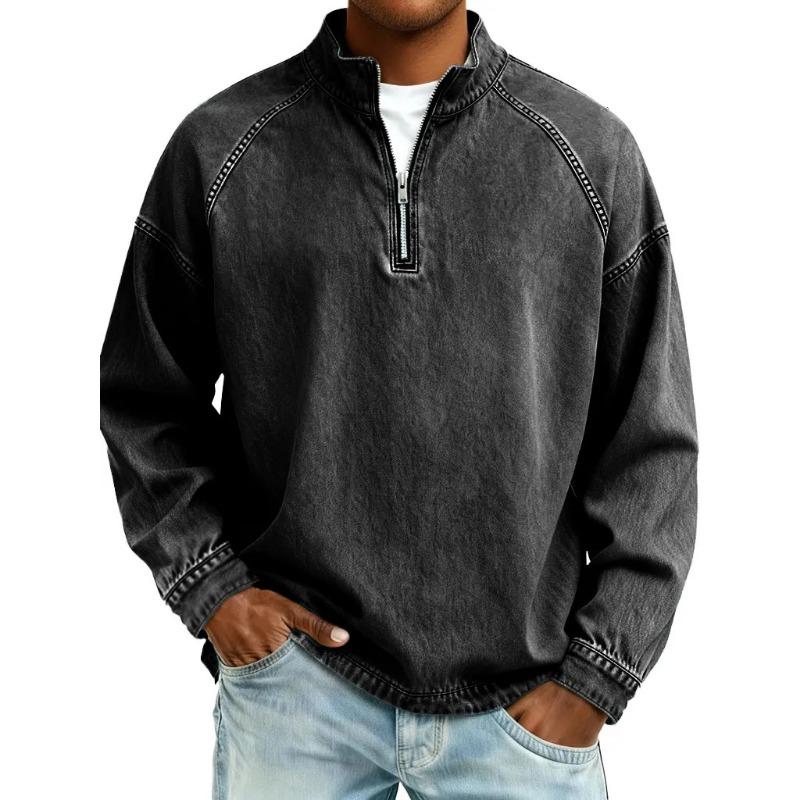 Frühling Herbst Stehkragen Vintage Einfarbiges T-Shirt Herren Langarm Reißverschluss Pullover Oberteil Herren Lässig Allround-T-Shirt