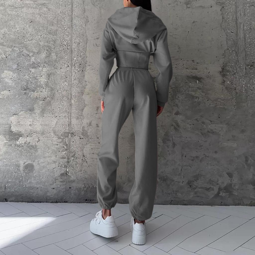 Women's Color Waist-cinching Hooded Sweatshirt And Pants Set, Sporty Casual Two-Piece Set