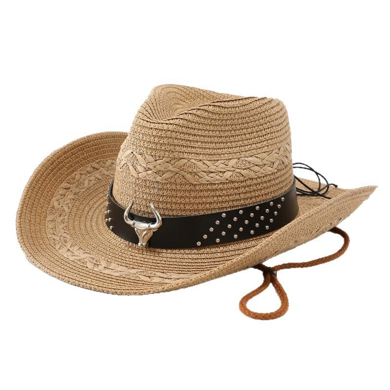 Cow Head Belt Straw Hat Women's Spring and Summer Outdoor Travel Sichuan-Tibet Sun Hat Big Eaves Western Cowboy Hat Jazz Hat Men