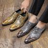 Men's Gold Shiny Brogues: European & American Fashion Lace-up Derby Shoes with Pointed Toe, Available in Large Sizes.