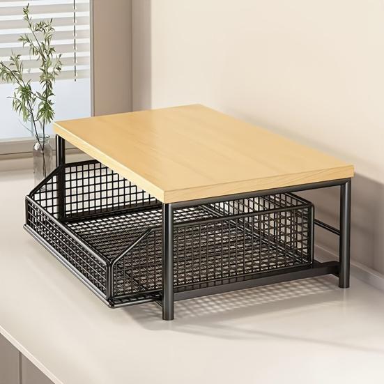 Kitchen Countertop Organizer Storage Shelf with Wire Basket Drawer Double-Tier Space-Saving Rack for Coffee Maker Spices Vegetables Fruits