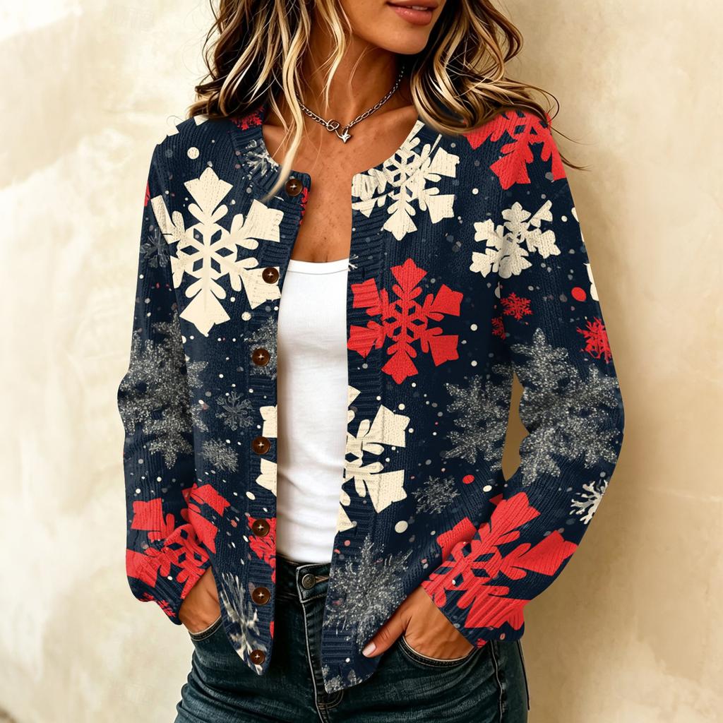 Women's Casual Christmas Print Long Sleeve Button-Up Knit Cardigan Sweater Coat for Holiday Wear