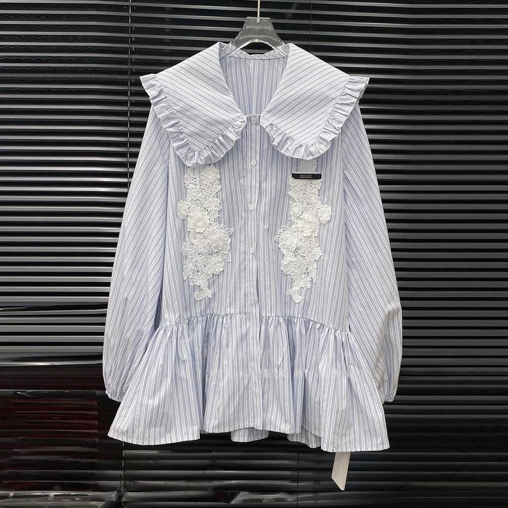 2026 Spring Women's Striped Sailor Collar Shirt Dress with Lace