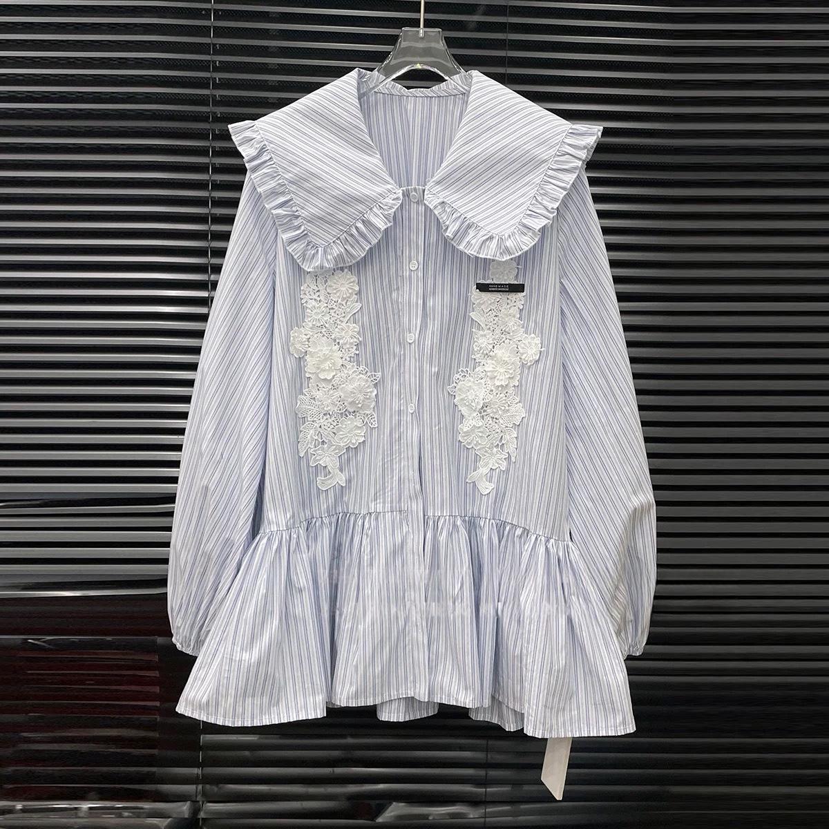 2026 Spring Women s Striped Sailor Collar Shirt Dress with Lace L синий