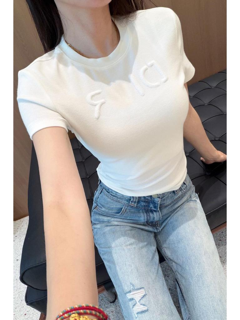 Elegant Embroidered Women's Slim Waist Short-Sleeve T-Shirt