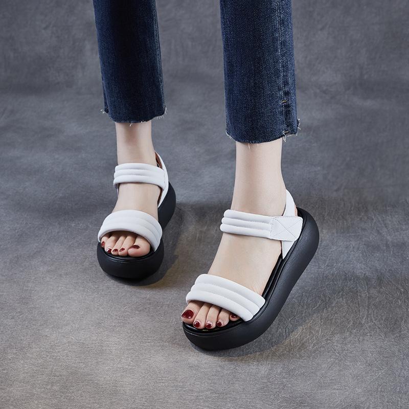 Fashion High Quality Real Leather Sandals for Women In The Summer of Featuring New One-piece Strap and Thick Soled Wedge Heel Sandals