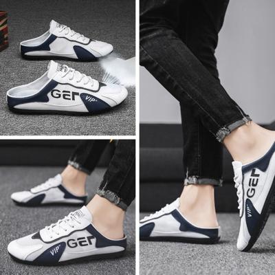 Moda Masculina Calçados Tendência Chinelos 2025 Verão Malha Respirável Casual Vulcanizado Planos Tênis Masculino Moda Meio Chinelo Calçados