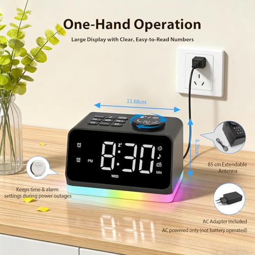 HUO JI Digital Alarm Clock with Large LED Screen, Adjustable Color & Brightness, Radio, 8-Color Dimmable Night Light, Nature Sounds, Sleep Timer, Doub
