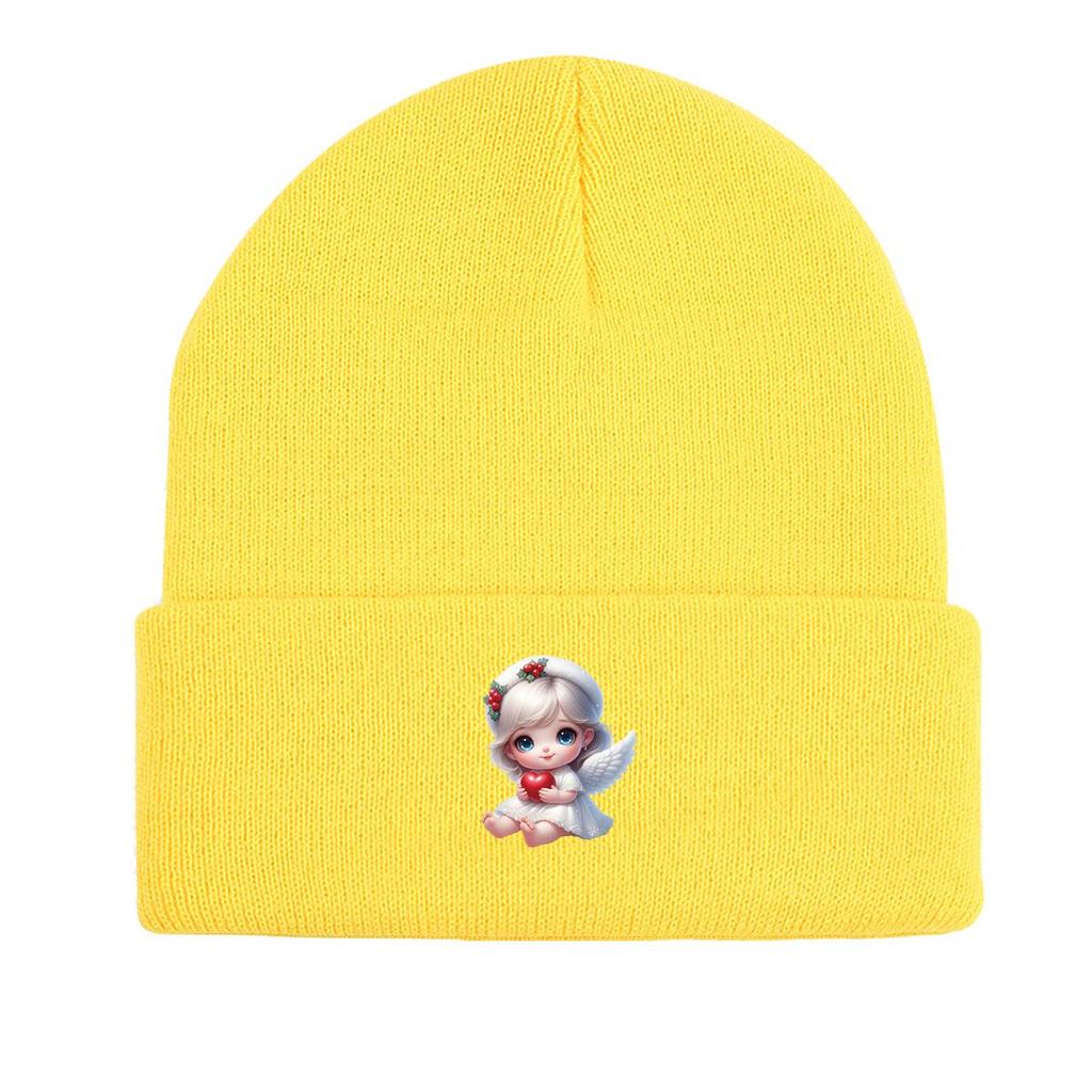 Little Angel Red Heart Print Knit Cap Beanie, Woman Cap Autumn Elastic Simple Bonnet Knitted Hat Beanie