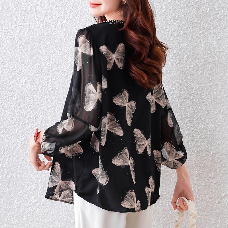 Dimanaf 2025 Summer Plus Size Women T-Shirts Chiffon Elegant Printing Tops Tees Loose Shirt