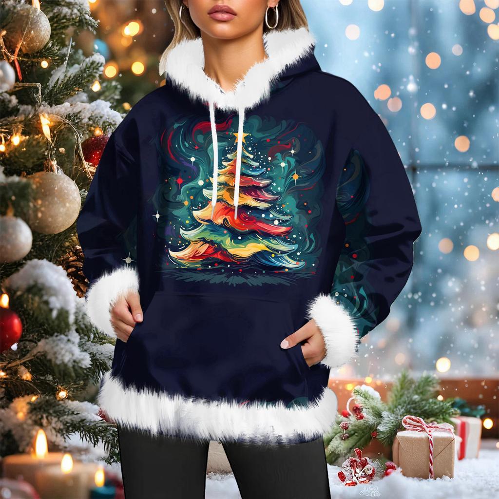 Damska świąteczna bluza z kapturem, casualowa, z podszewką z polaru, z długimi rękawami i kieszeniami