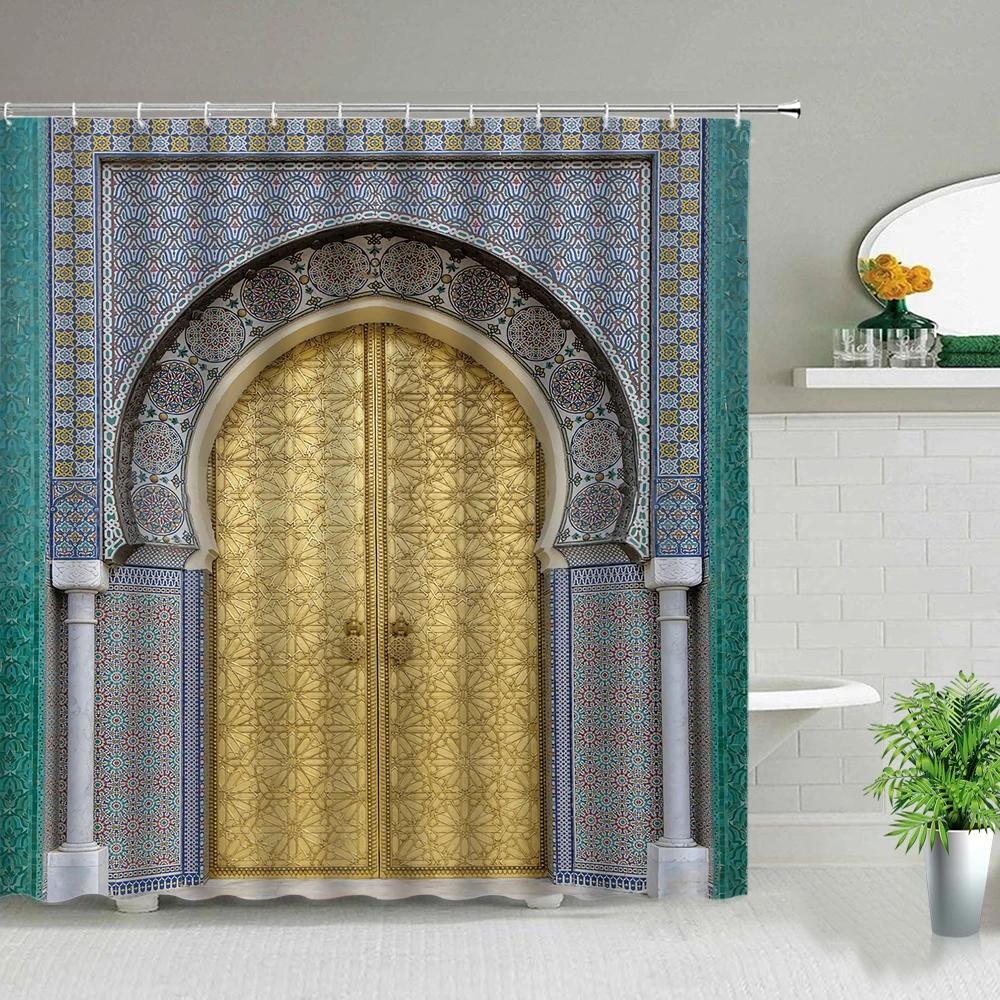 Moroccan Yellow Antique Arched Doors Shower Curtains Old Vintage Wooden Door Bathroom Waterproof Fabric Bath Curtains With Hooks