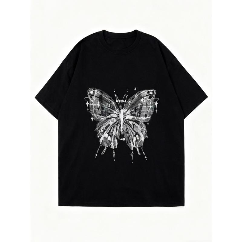 Oversized T Shirt Black Butterfly Print With Text Graphic Design Casual Wear For Women Summer Fashion Streetwear Style