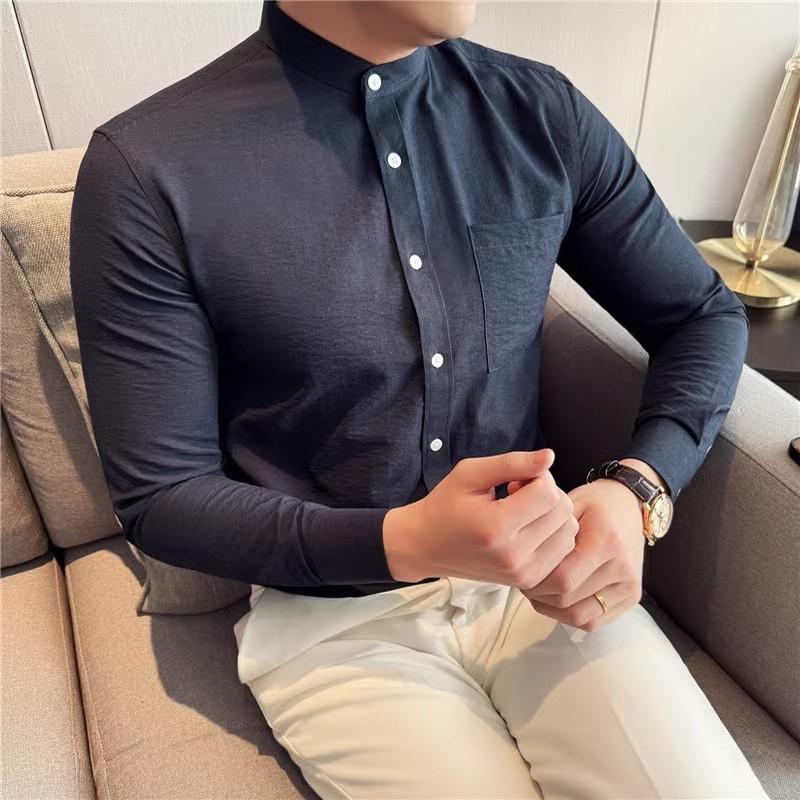 

Мужская рубашка с воротником-стойкой, высококачественная, с длинным рукавом, повседневная, деловая, облегающая, уличная, мужская одежда 3XL темно-синий