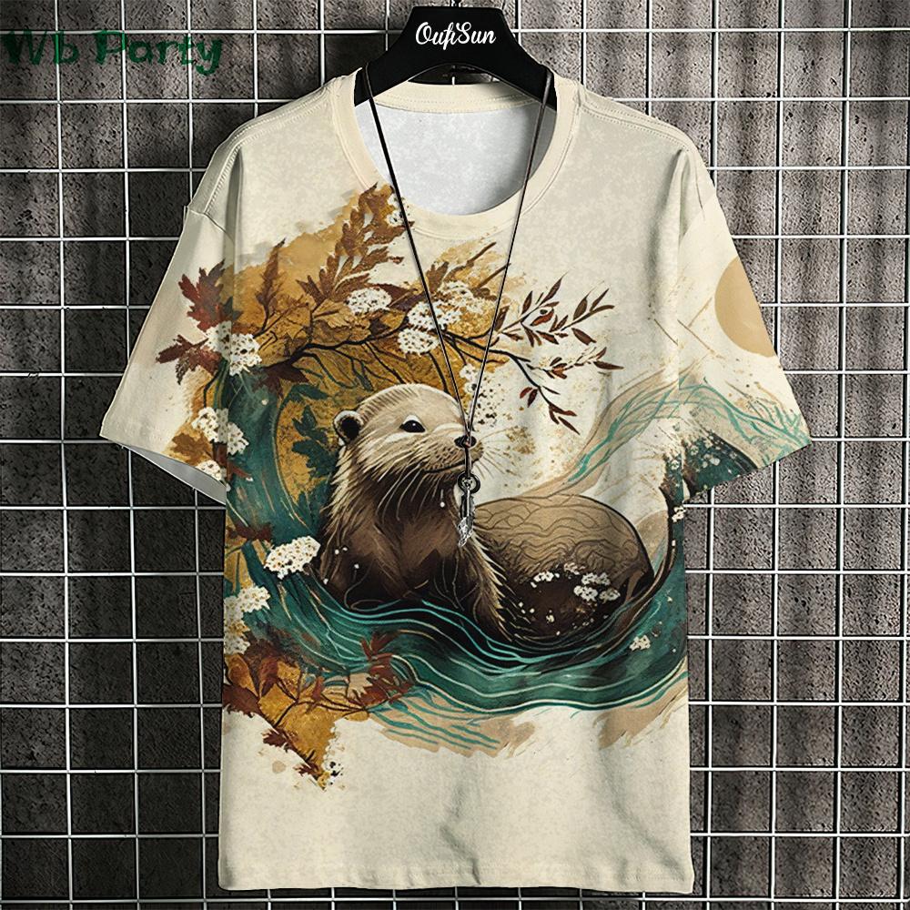 Japanese Ukiyo-E T shirt Men Animal Print Graphic T shirts Vintage Men's Clothing Round Neck Short Sleeve Tee Harajuku T-shirt