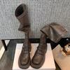 Women Fashion Boot Autumn Winter Thick Heel Roughened Elastic Korean round Toe Mid Calf Rubber Outsole