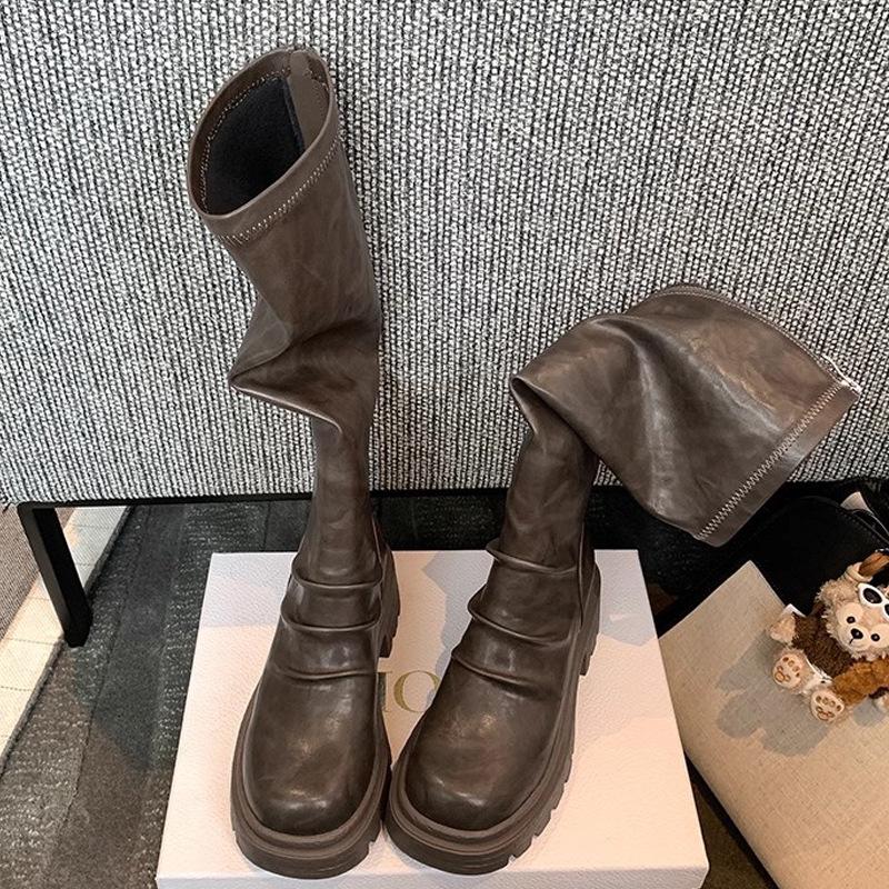 Women Fashion Boot Autumn Winter Thick Heel Roughened Elastic Korean round Toe Mid Calf Rubber Outsole