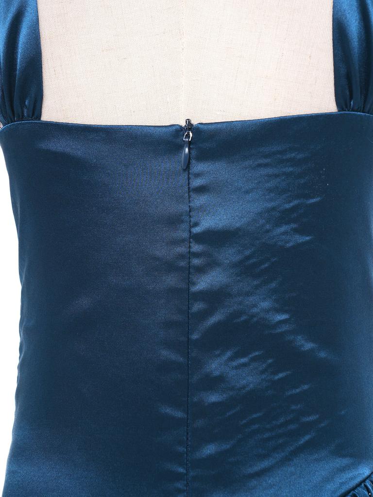 Robe de Soirée Satinée Fleurie pour Fille Sans Manches Corsage Froncé Taille Basse Asymétrique Robe Coupe A Ligne Fente Latérale pour Mariage Baptême