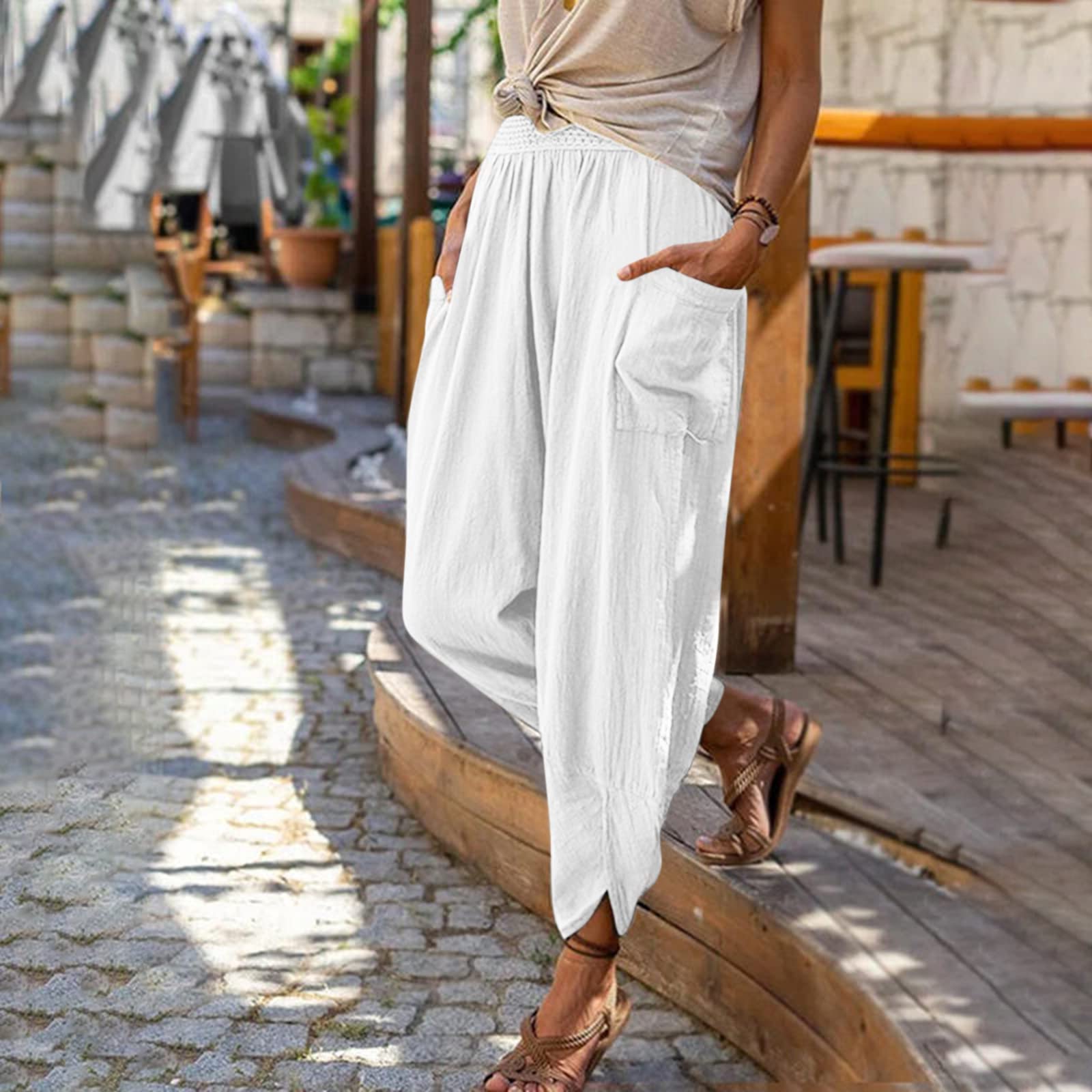 

Women’s Loose Fit Casual Harem Pants with Elastic Waist and Side Pockets Lightweight Breathable Fabric Trousers for Daily Wear S білий