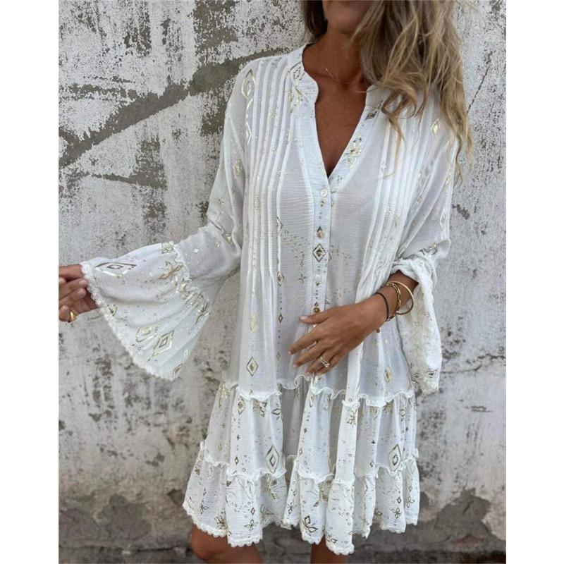 

Solid Color Hot Stamping Lace Sleeve Hollow Out Plus Size Dress S білий