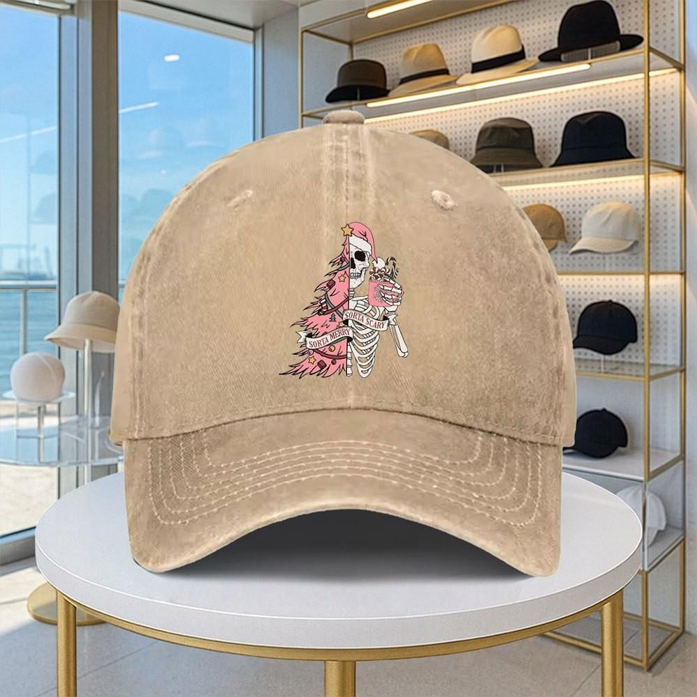 Spooky Skeleton Print Baseball Cap Washed Denim Casual Snapback Hat Adjustable Urban Style