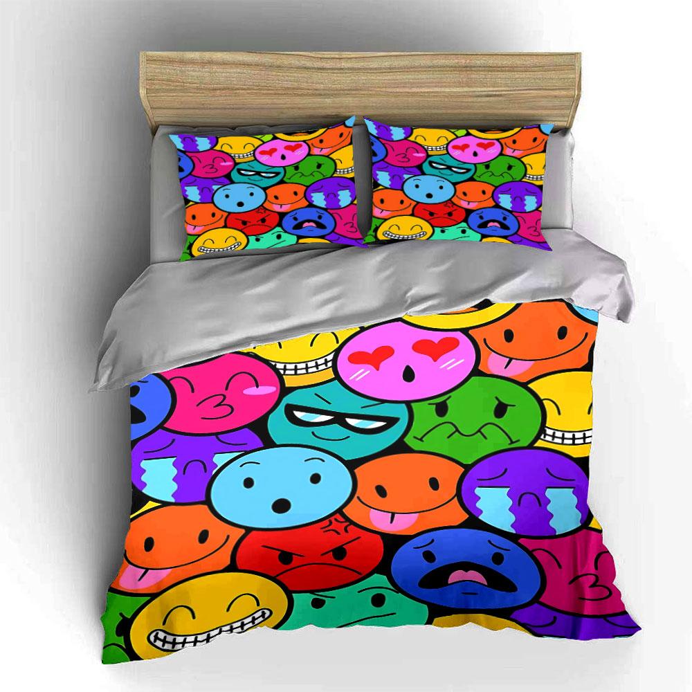 Set Biancheria da Letto con Faccine Emoji Colorate Copripiumino Copripiumino Federe (1 * Copripiumino 2 * Federe, senza piumino)
