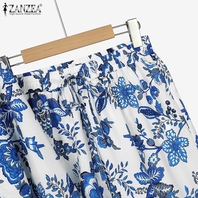 ZANZEA Damen Langarmbluse und Hose Lässiger Print Zweiteilige Anzugsets