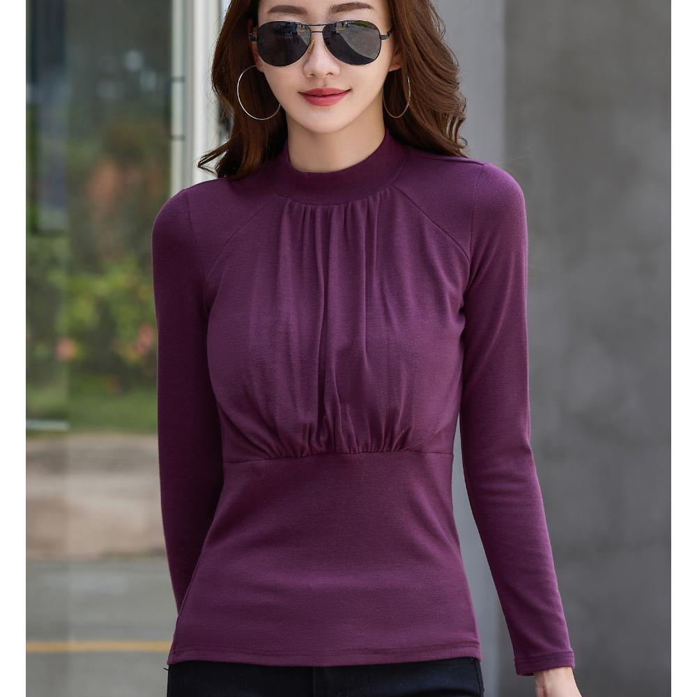 Cămașă de damă cu mâneci lungi, pe jumătate gât, mărime mare, strat interior versatil în stil de toamnă și iarnă, topuri calde