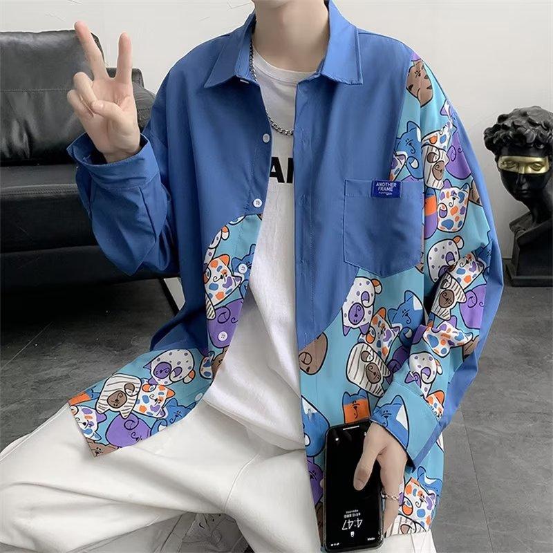 Spring and Autumn Cartoon Stitching Long-Sleeved Shirt Men's BF Loose Korean Style Couple Harajuku Style National Fashion Cardigan Jacket