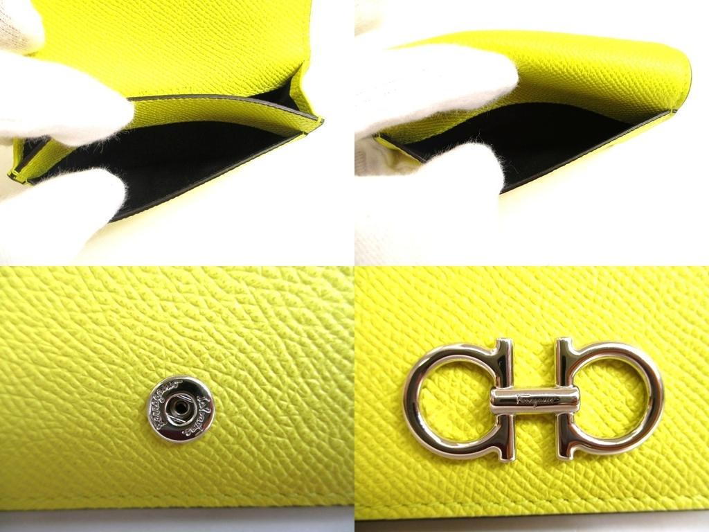 Authentic Salvatore Ferragamo Gancini Silver H/W Yellow Leather Business Card Holder #a825  Refurbished