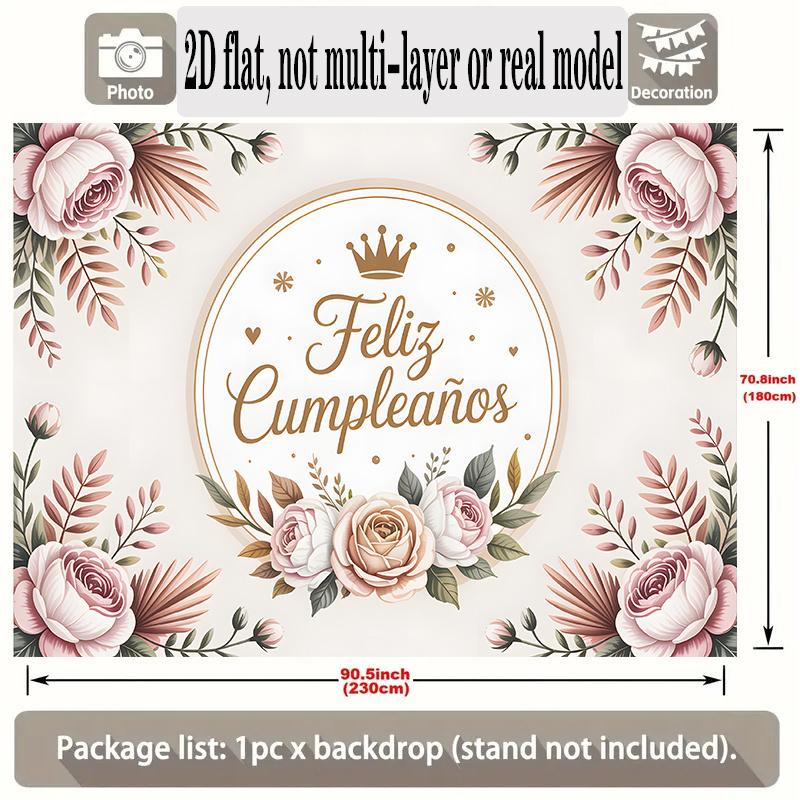 Spanish Feliz Cumplea?os Floral Theme Multicolor Design, 1pc Polyester Party Backdrop Banner, Photo Booth Background, Wall Decor