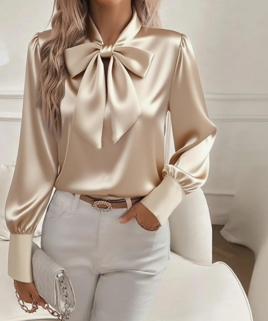 Women's Satin Bow Tie Blouse, Lapel Collar Long Sleeve Shirt, Multiple Color Options