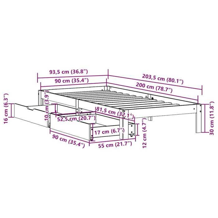 VidaXL Cadre de lit avec tiroirs 90x200 cm bois de pin massif, sommier, cadre de lit simple, cadre de lit en bois massif, 3301942