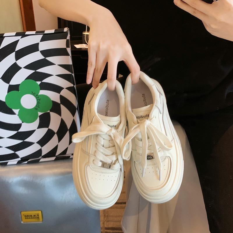 ~ Round Head Lace-up Leather Little White Shoes Thick Sole Heightening Versatile Low-top Casual Board Shoes Women