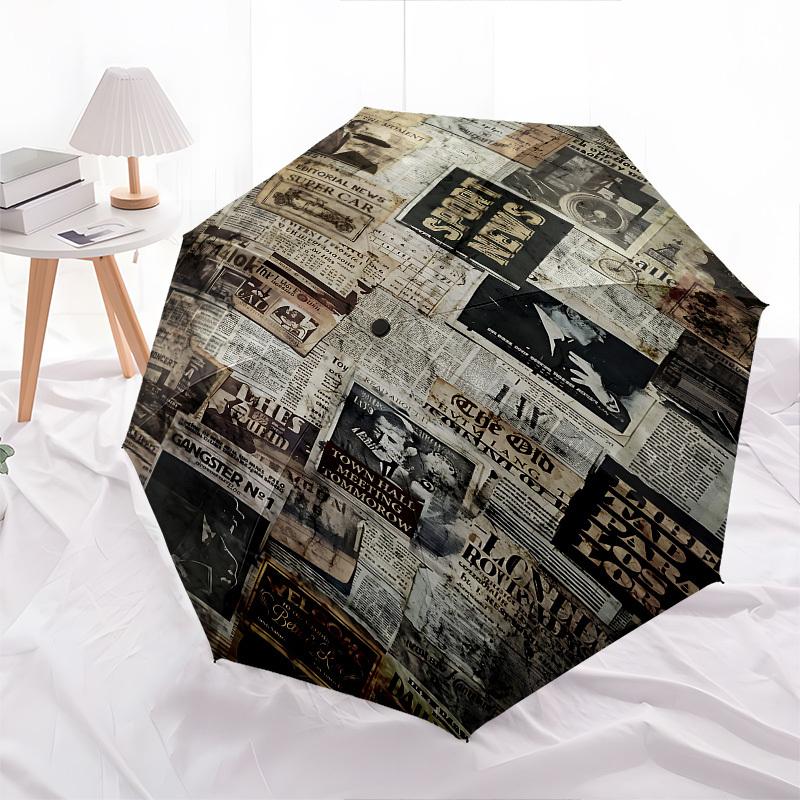 Newspaper Clippings Historic Archive Themed Automatic Opening and Closing Umbrella, Brightly Colored 8-rib Portable Umbrella, Suitable for M