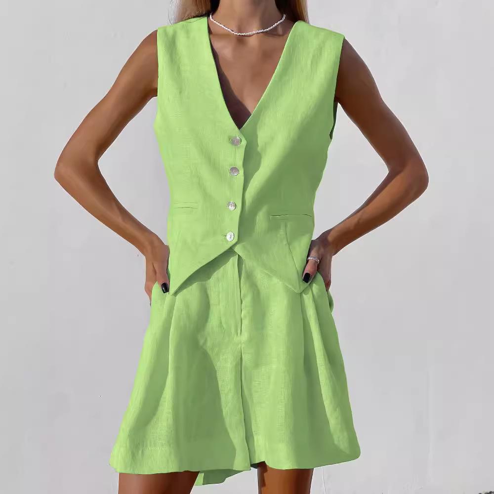 Dámská bavlněná lněná souprava vesta a šortky (Evropský a americký design, Bez rukávů, Jarní/letní ležérní)