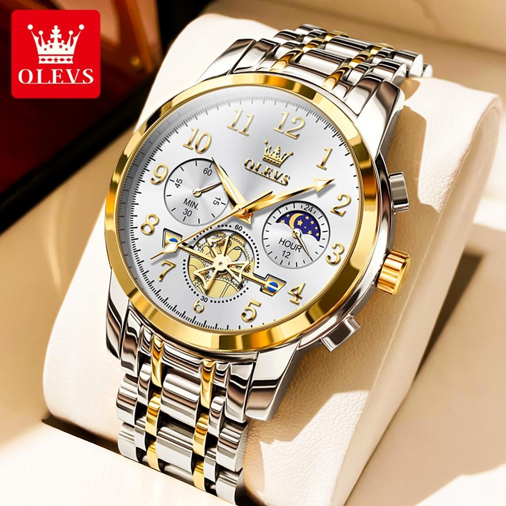 OLEVS Fashion Business Mens Wristwatches Gold Clock Male Stainless Steel Waterproof Calendar Quartz Watches