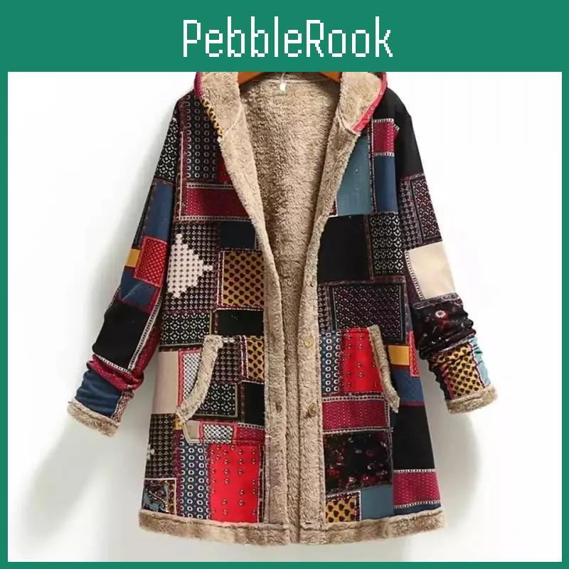 Warm Coat Female Print Winter Thick Fleece Hooded Long Jacket With Pocket Ladies Loose Outwear Coat