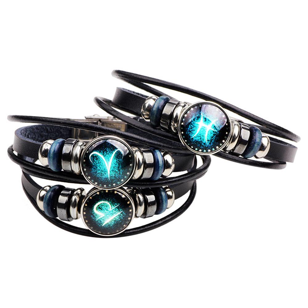 Vintage 12 Constellation Starry Leather Bracelet Multilayer Wrap Leather Bangle Birthday Gift
