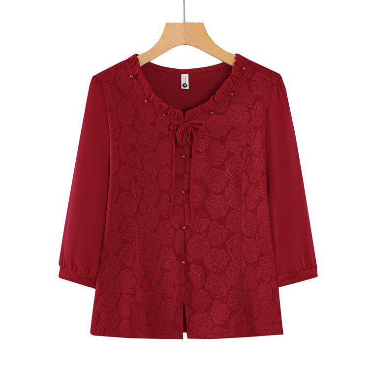 

Chic Red Lace Floral Seven-Sleeve Top for Stylish Moms 2XL червоний