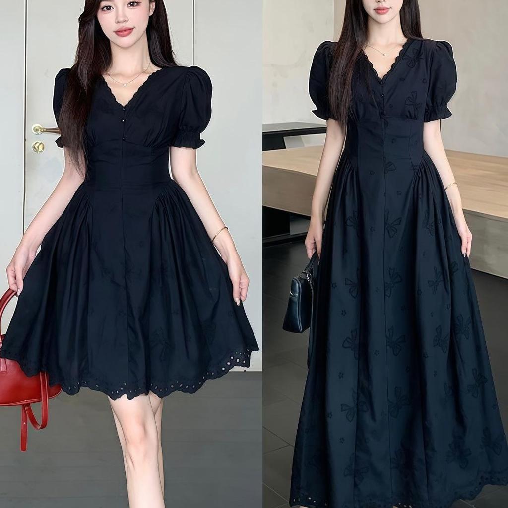 Plus Size Elegant Hollow Patchwork Black Dress, Short Sleeve, French Style, Waist-Cinching Slimming