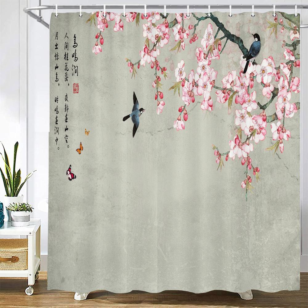 

Waterproof Polyester Fabric Shower Curtain With 12 Hook Chinese Landscape Flower Bird Bath Curtain Home Decor Bathroom Curtains W60H190(CM)-1 Pcs