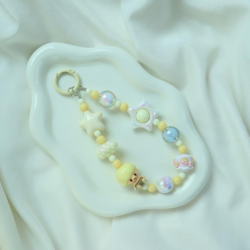 Roztomilá kreslená panenka s korálkovým popruhem na telefon, řetízkem na batoh, přívěskem na klíče, přívěskem proti ztracenému telefonu, dárkem pro iPhone, Samsung a dívku