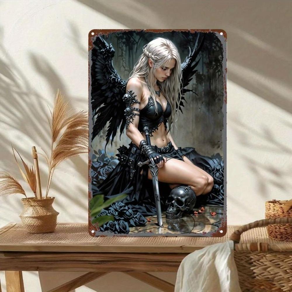 Gothic Angel Skull Sword Metal Wall Art Bar Home Decor Tin Sign Vintage Retro Painting