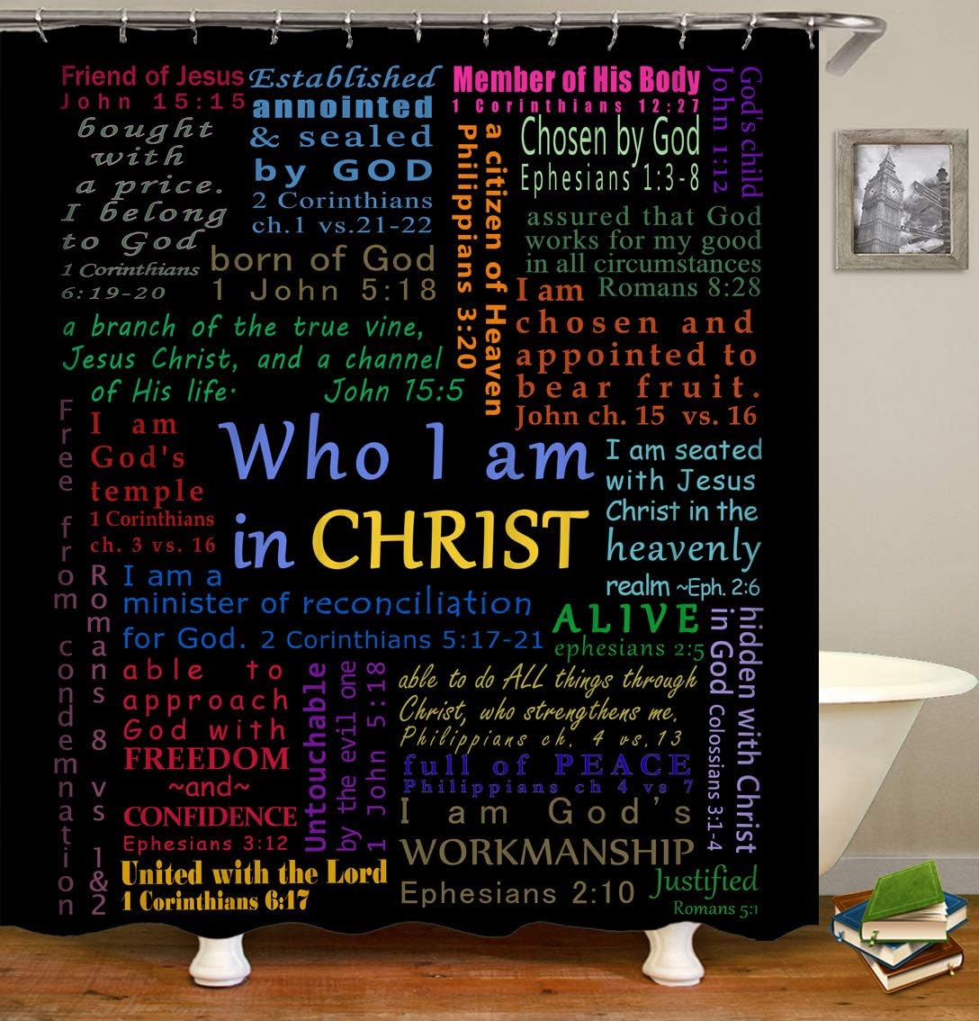 

Ible Verse Shower Curtain Inspirational Scripture Quote With Colorful Artistic Design, Polyester Fabric, Bathroom Decor W60H190(CM)-1 Pcs