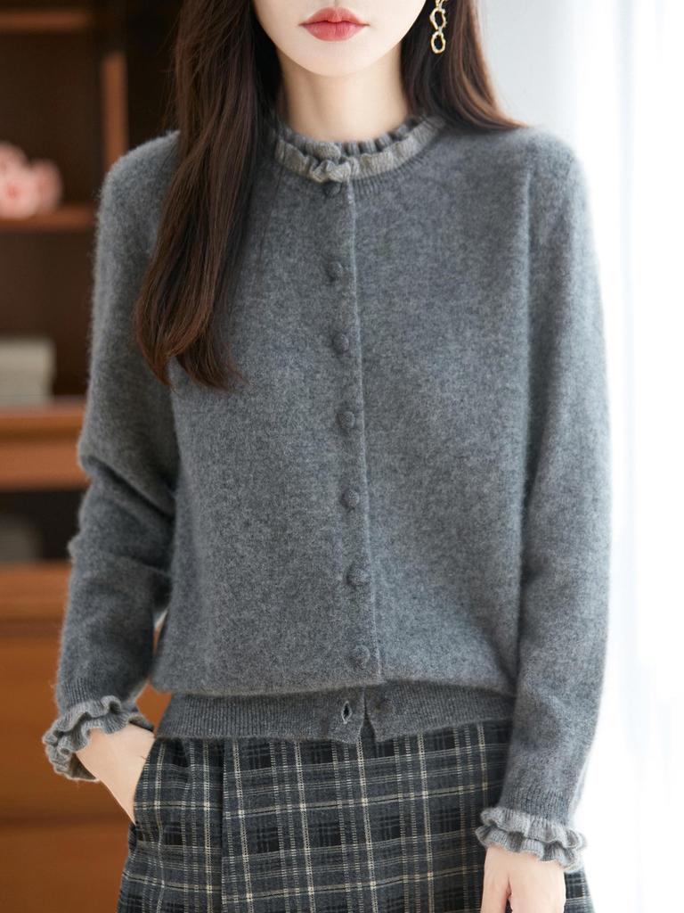 Women's Stylish Color Block Lace Knit Cardigan Sweater with Wood Ear Details and Button Closure for Fall and Winter